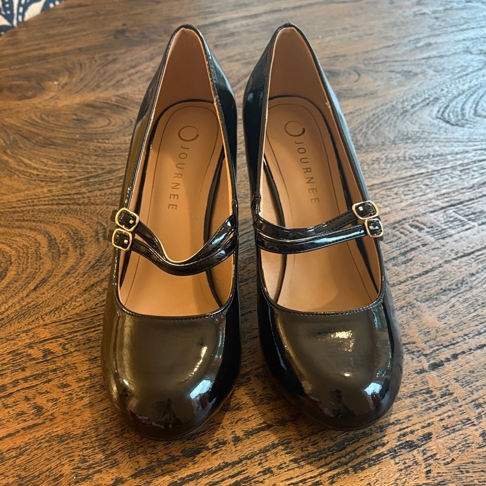 Journee Collection Glossy Black Double Strap Heels